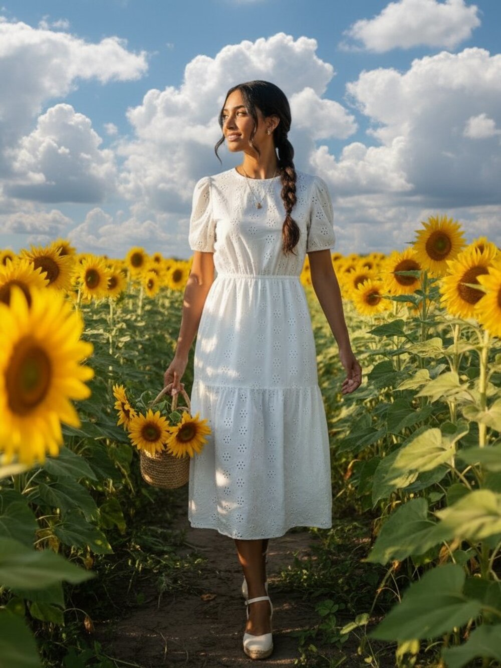 ANA White Eyelet Midi Dress Cottagecore Puff Sleeve Cutout Back XS